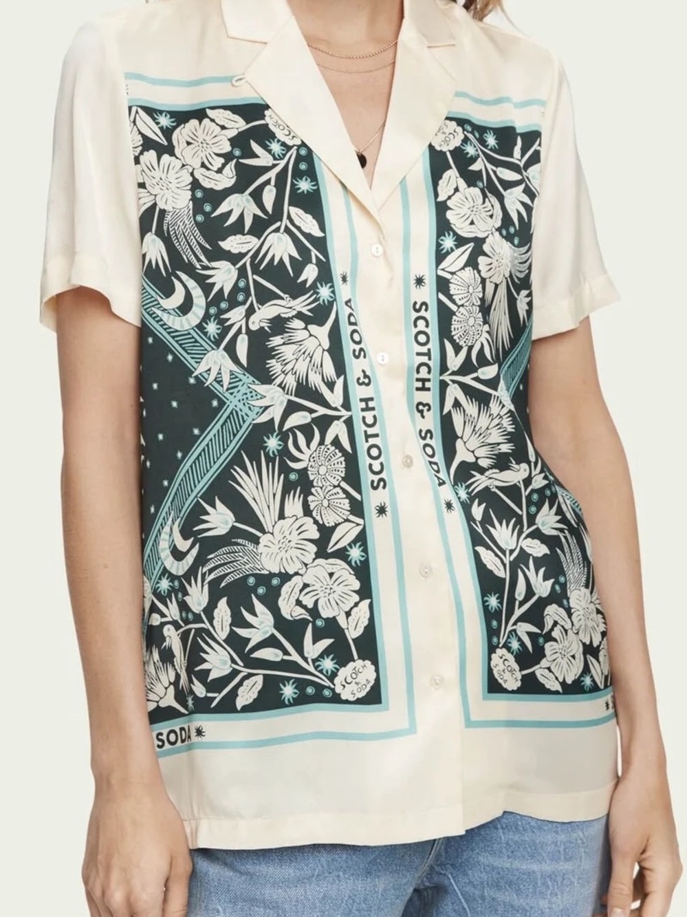 Scotch & Soda Cream and Teal Floral Print Button-Down Shirt